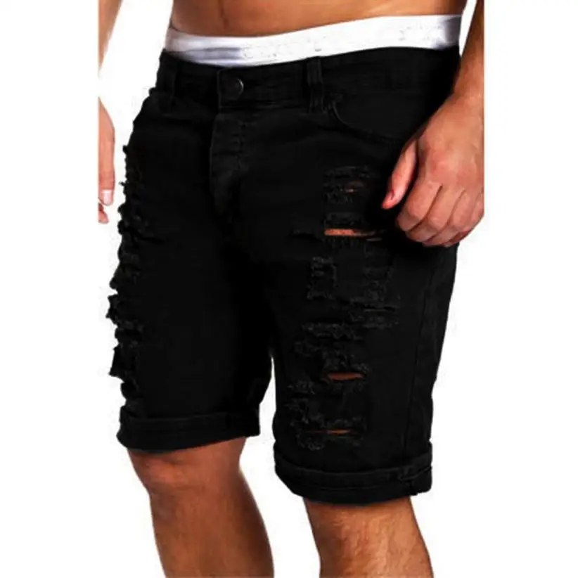 Для мужчин; повседневные джинсы уничтожены по колено рваные Штаны fitnesws Штаны Повседневное прямые шаровары