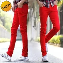Estilo 2016 de La Manera caliente Casual Sólido Rojo Con Dobladillo de La Pierna Jeans Hombres Adolescentes Flacos Del Estiramiento Lápiz Pantalones de Mezclilla Pantalones Homme 27-34