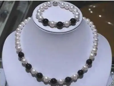 

Shipping >>new hot 7-8MM White Pearl with Black Agate Beads Neckalce 17" + Bracelet 7.5" Set