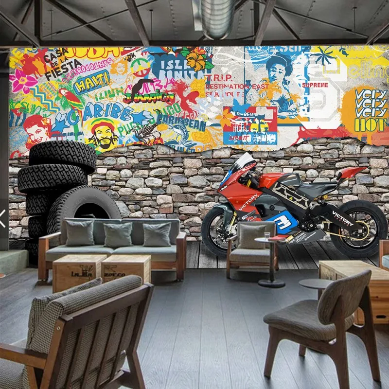 Us 1065 45 Di Scontofoto Carta Da Parati 3d Stereo Carta Da Parati Moto Street Graffiti Muro Di Mattoni Carta Da Parati Personalizzata Bar Ktv