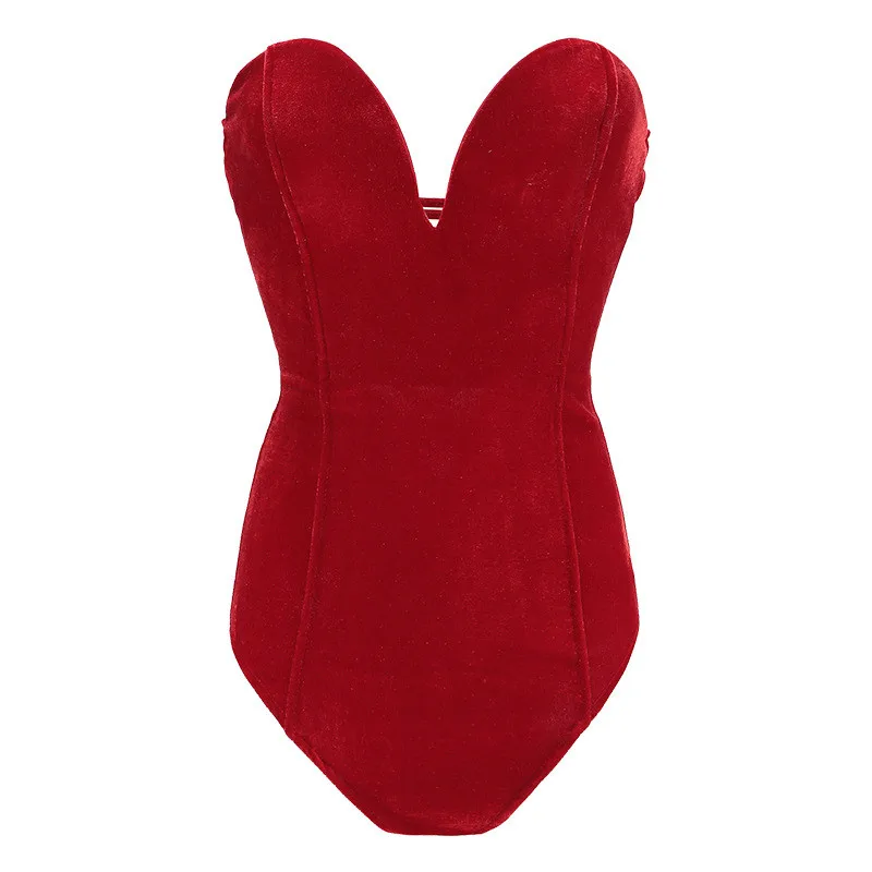 Повседневное женское бархатное боди без рукавов без бретелек, без спинки, v-образный вырез, Облегающий комбинезон, модные топы, одежда для женщин, костюм - Цвет: Red bodysuit