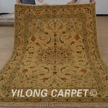 Yilong 6'x9' Oriental silk wool carpet golden thick handmade exquisite silk blend wool rug (1426)