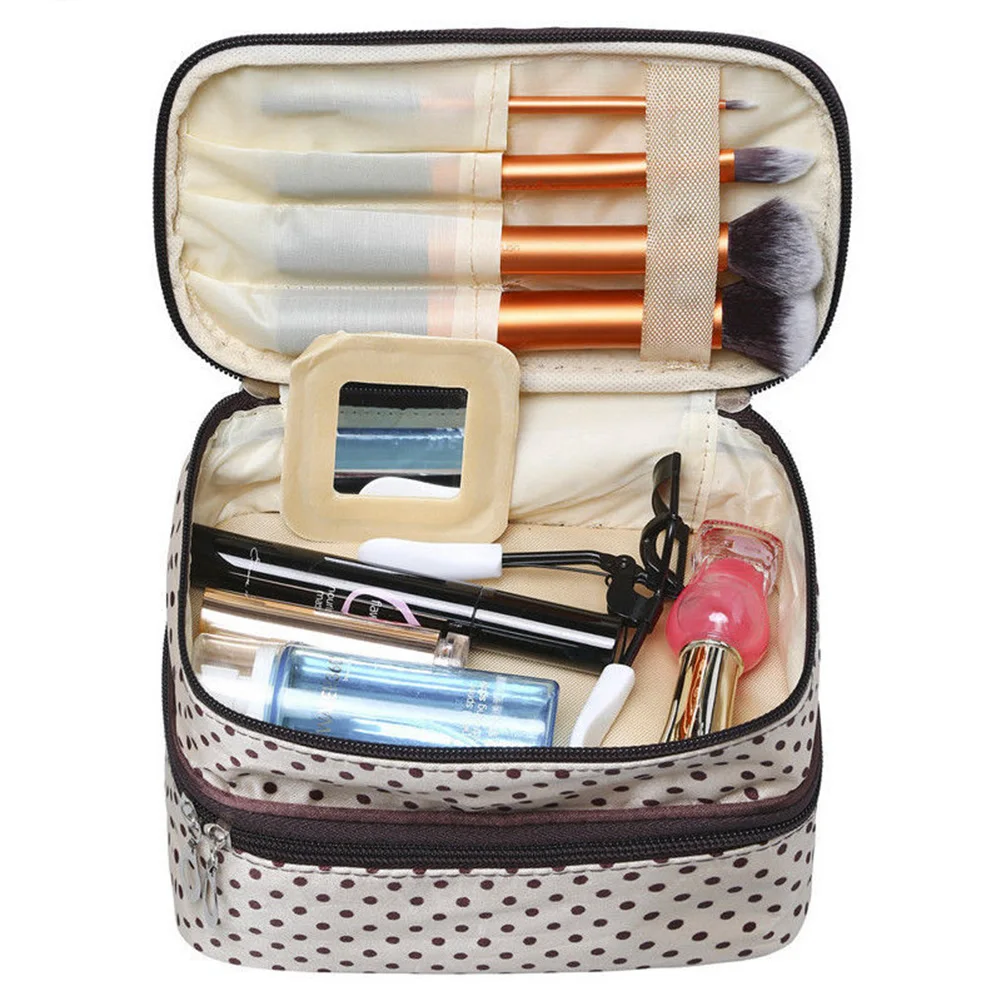 السفر البولكا نقطة مزدوجة طبقات كبيرة امرأة التجميل حقيبة أدوات الزينة منظم تخزين حقيبة مستحضرات تجميل حالة