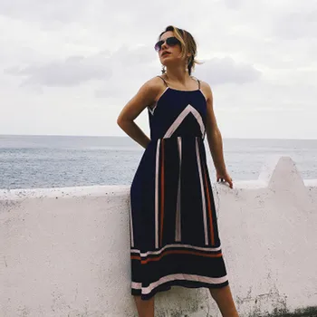 

Casual Women Summer Beach Dress Empire Strap Loose Female Vestidos Stripped Sleeveless Lady Mid-calf Dress