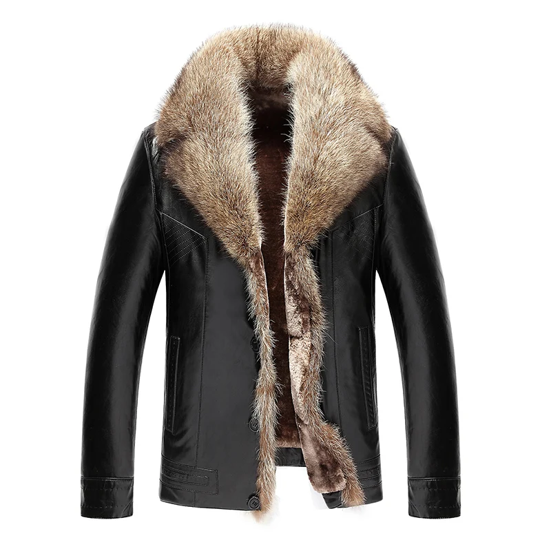

2019 High Quality Men Leather Jacket Faux Sheepskin Jacket Men Biker Jacket Winter Leather Coat Fur Lined Coat Parka Raccoon Fur