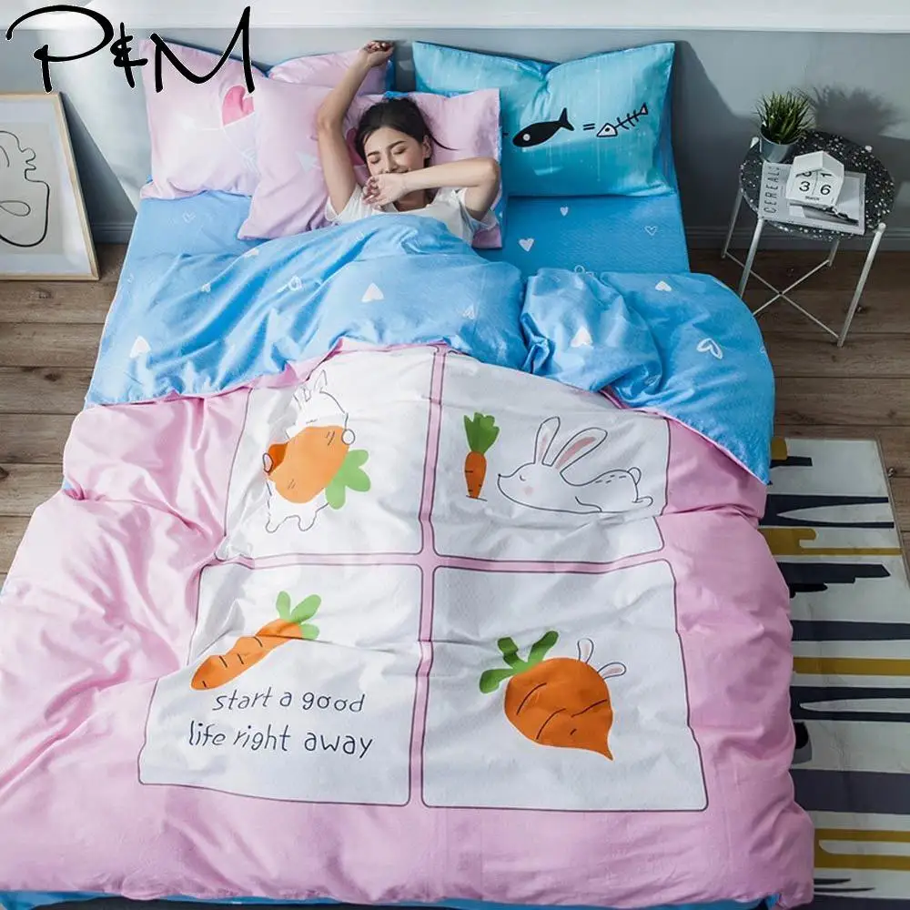 

2019 Bunny Carrot Bedlinens Pink Blue Twin Full Queen Size Flat Sheet Fitted Sheet Duvet Cover Set Cotton Bedding Set