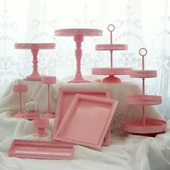 

Pink cake stands set birthday party, wedding decoration plates of food dishes that dessert yeast tools