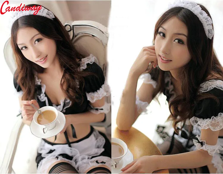 fancy Classified Wet Look French Maid Outfit Black Lace Sexy Lady Uniform sexy costumes Adult Sex Games