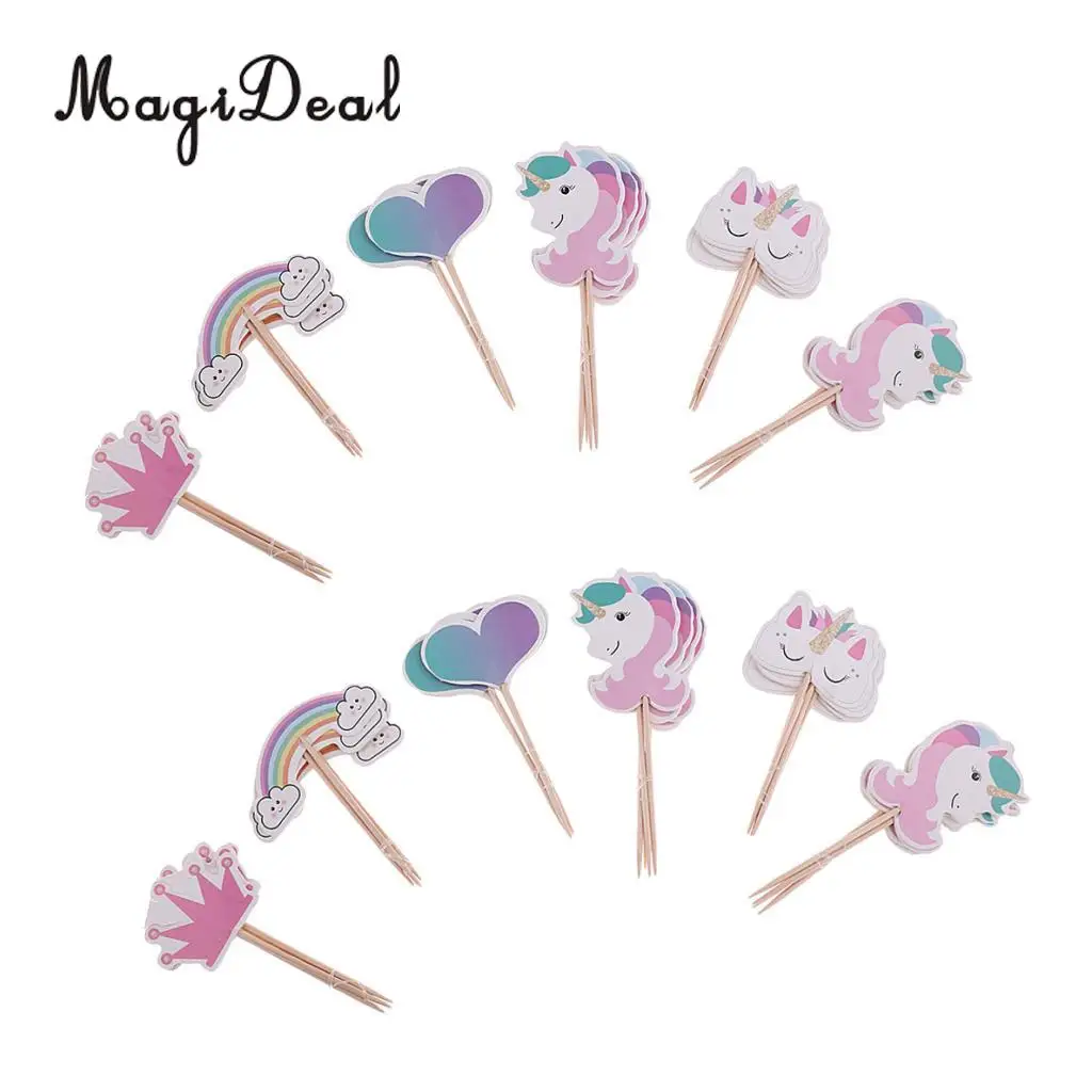 MagiDeal 2 Set Rainbow Unicorn Cake Topper Love Shape Crown Food Picks Party Decor