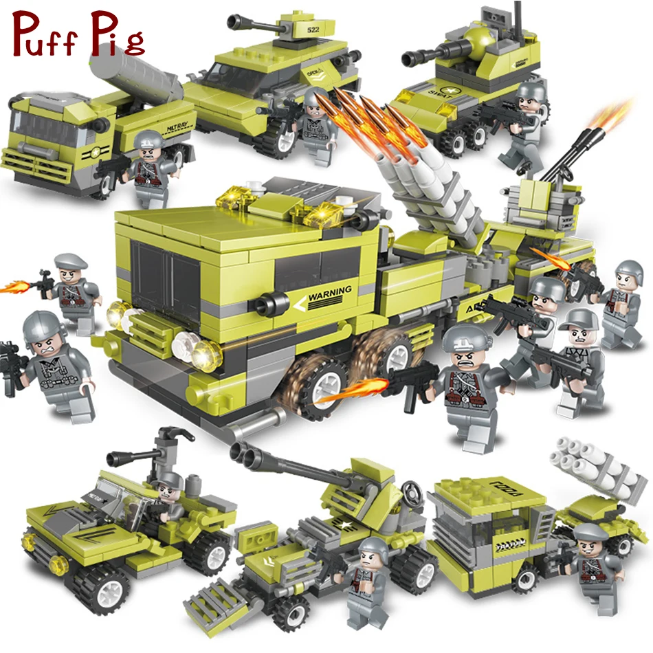 

657PCS 6in1 Military Vehicles Army Figures Soldiers with Weapons Building Blocks Compatible Legoed ww2 Bricks Toys For Children