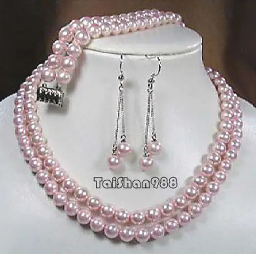 

2 Rows 8mm Pink South Sea Shell Pearl Necklace Bracelet Earrings Set AAA style Fine Noble real Natural free shipping