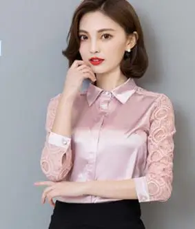 2017 Spring long sleeve lace patchwork chiffon satin shirts women work ...