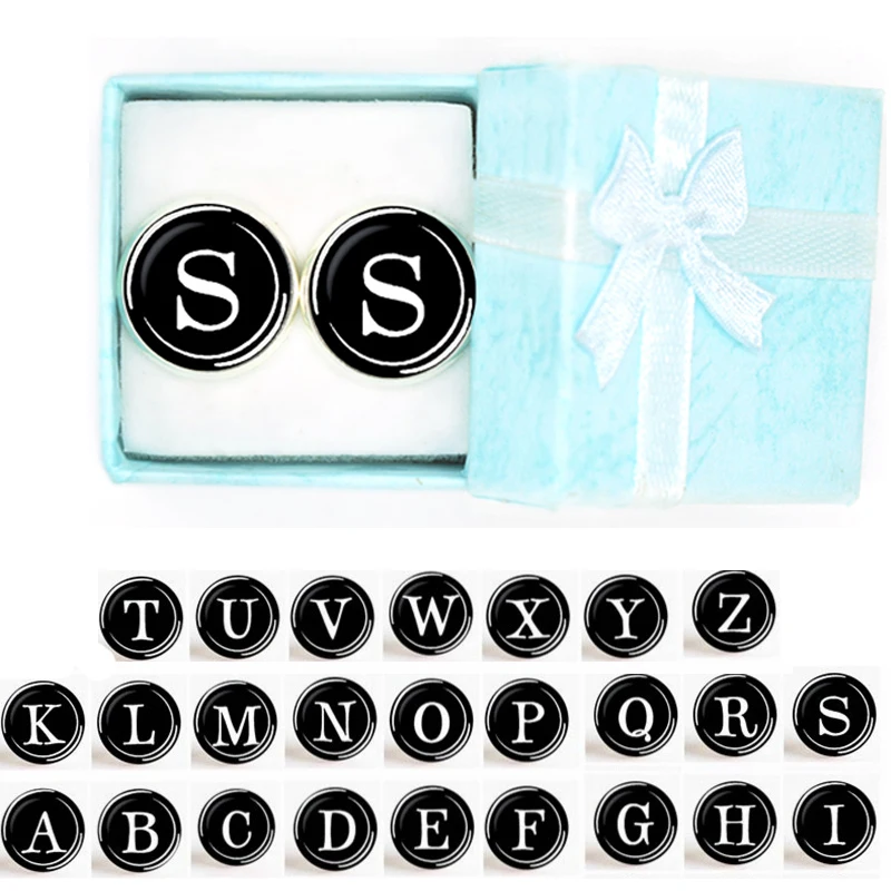 

Men Cuff Links Alphabet Single Letter Black Bottom Silver Plated Wedding Party Vintage 16mm Men CuffLink Droopshipping