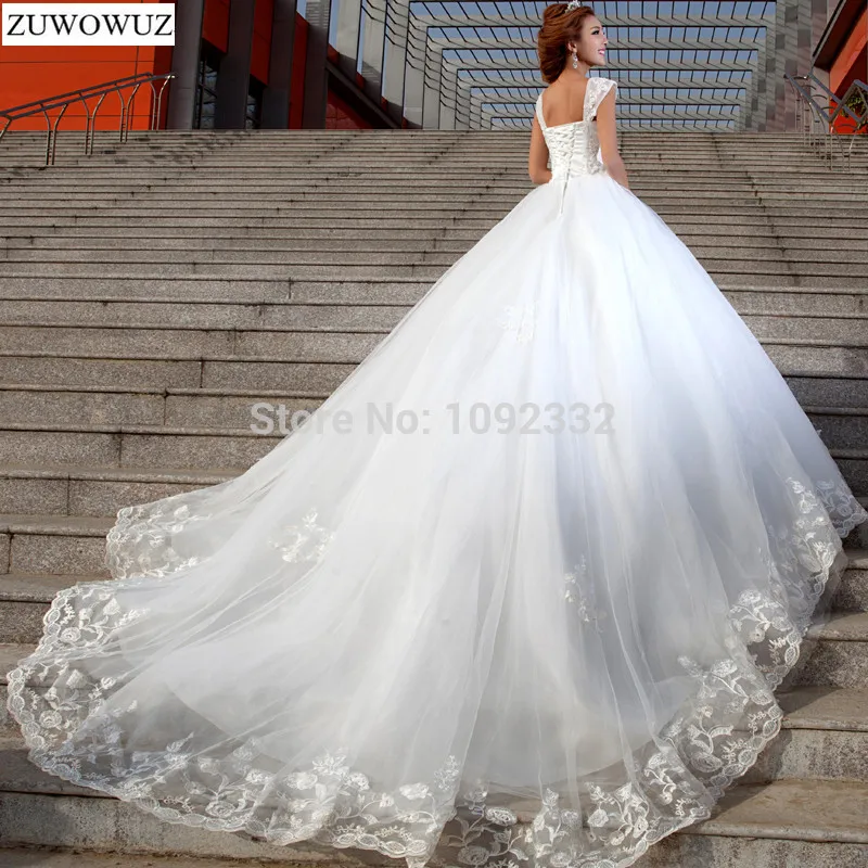 

Stock 2017 New Plus size women Sexy White Chapel Lace Diamond Tube Top Sling wedding dress bridal gown crystal long tail 2321