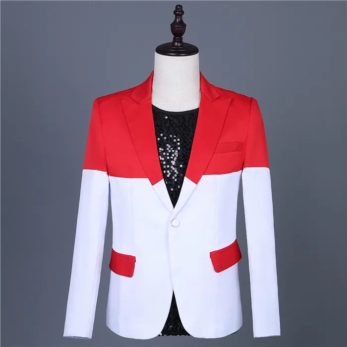 Red-White Stitching Blazers Set One Button Slim Fit Tuxedo Suit Men's Wedding Groomsmen Dress Singer Group Performance Costumes