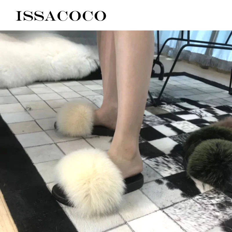 Сланцы ISSACOCO женские из натурального Лисьего меха меховые комнатные шлепанцы