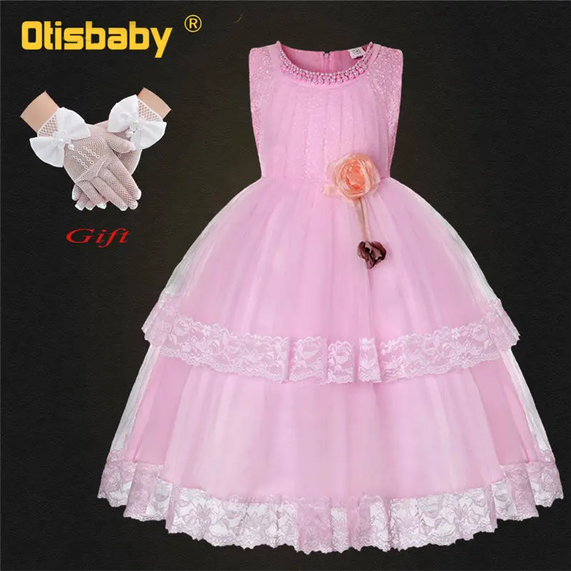 Детские свадебные вечерние платья с аппликациями Бисероплетение платья для девочек длинные платья для выпускников подростковые девочки вечернее, свадебное платье - Цвет: Pink Set