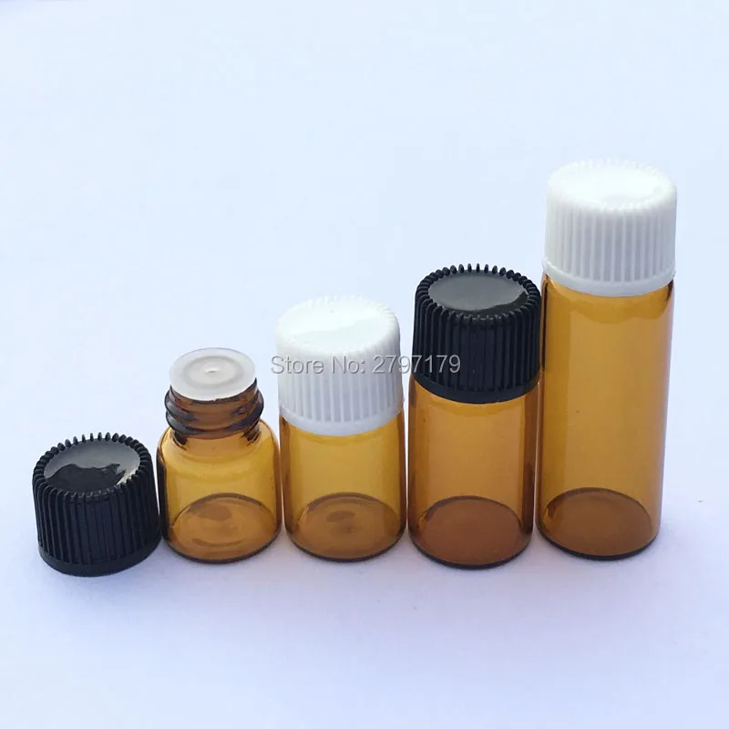 

5pcs 1ml 2ml 3ml 5ml Mini Amber Liquid Glass Bottle with Orifice Reducer and Cap Small Essential Oil Vials Free Shipping