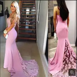 Очаровательный розовый сексуальные кружева аппликации русалка пром dress бретельках милая образным вырезом суд поезд из бисера пром платья