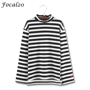 

Focal20 Harajuku Letter Embroidery Women Stripes T-shirt Back Zipper Mock Neck Long Sleeve Striped T Shirt Tee Top Streetwear