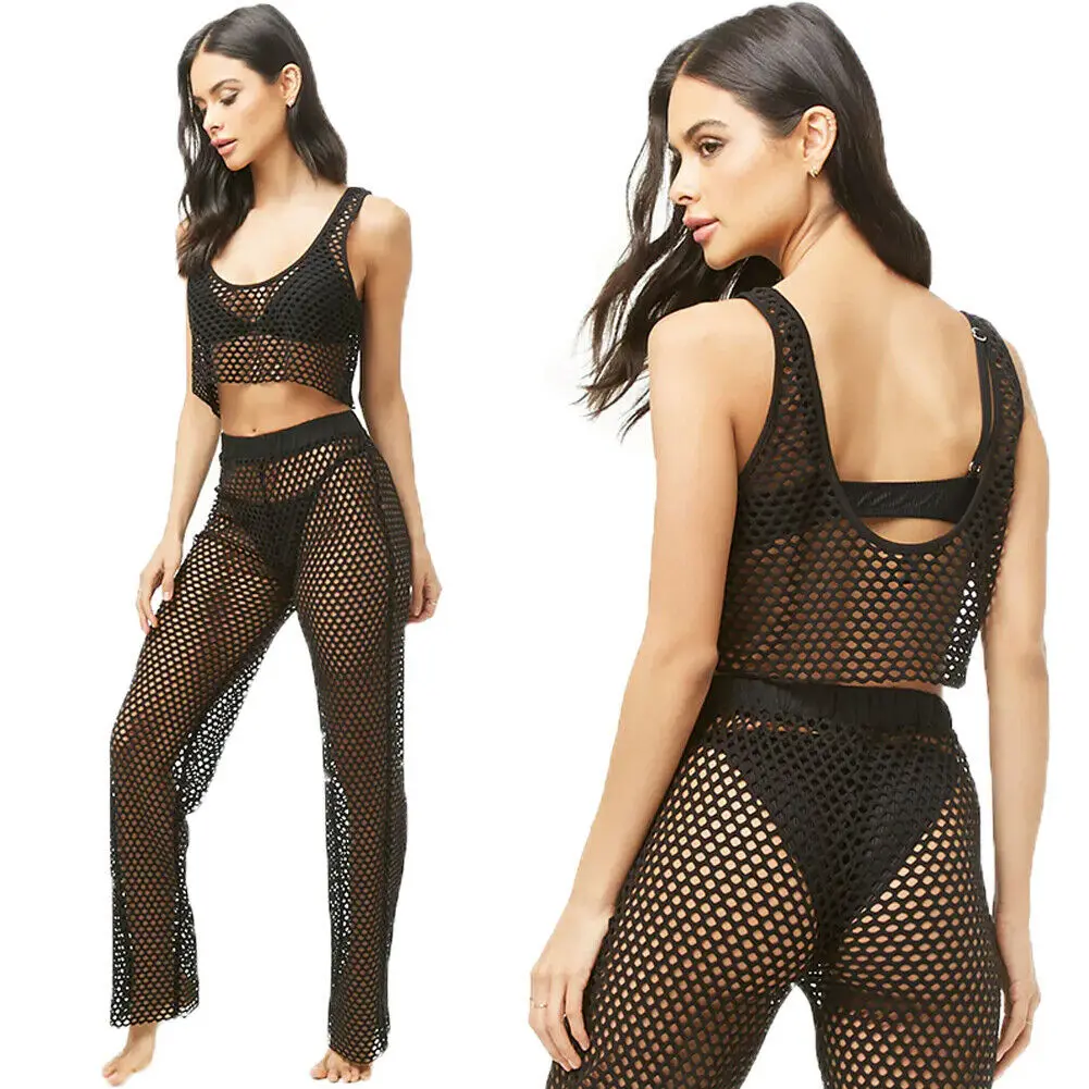 

Women Summer Swimwear Bathing Suit Hollow Bikini Cover Up Tops +Beach Pants