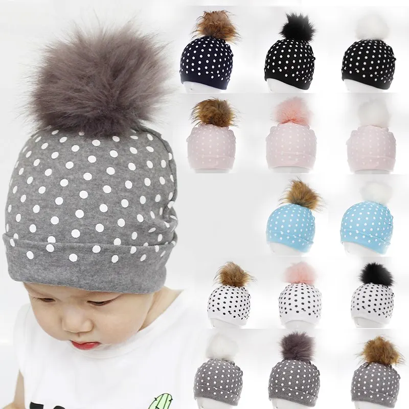 

Children's hats Online hot new dot fashion knit cotton hat baby scorpion fox fur ball hat autumn and winter new products