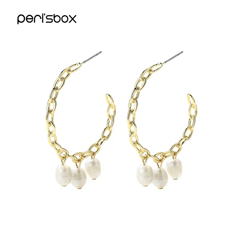 

Peri'sBox Gold Color Hollow Chains Pearls Hoop Earrings for Women Boho Open C shaped Hoops Earrings Simple Big Circle Earrings