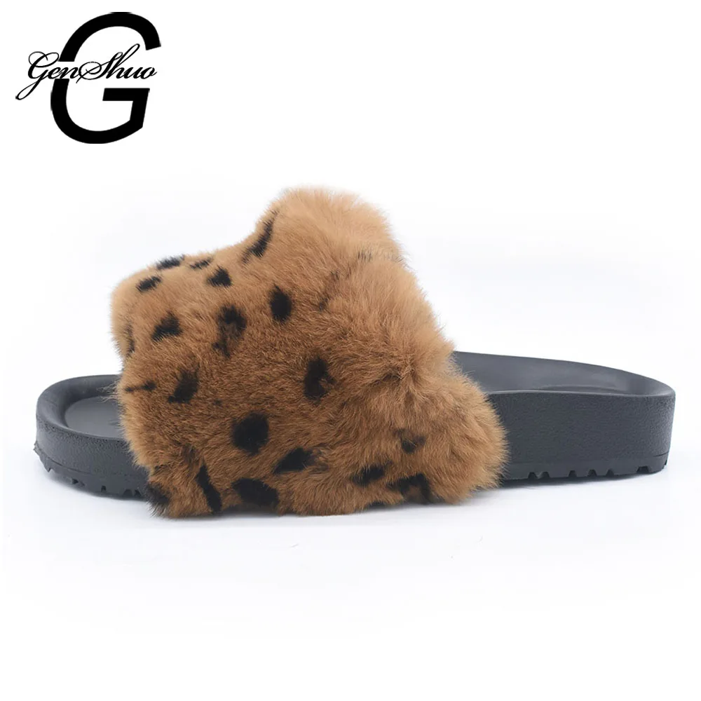 

GENSHUO Fur Women Slippers Fashion Leopard Slides Women Plush Winter Shoes Casual Shoes Flats Black Chaussure Femme Size 35-39