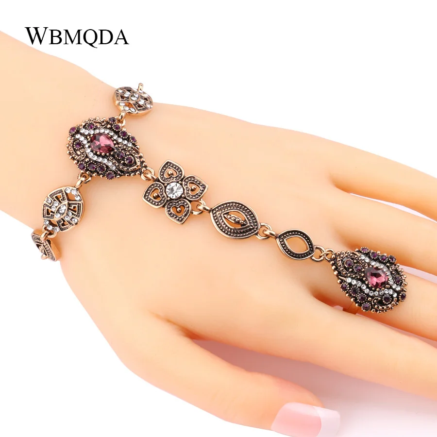 

2018 Ethnic Purple Stone Crystal Finger Ring Bracelet Indian Jewelry Antique Gold Bracelets For Women Vintage Accessories