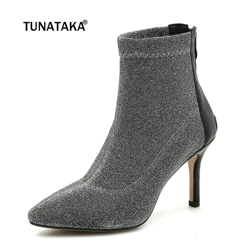 

Women Sequined Cloth Thin High Heel Ankle Boots Fashion Zipper Pointed Toe Spring Autumn Bootie Red Silver
