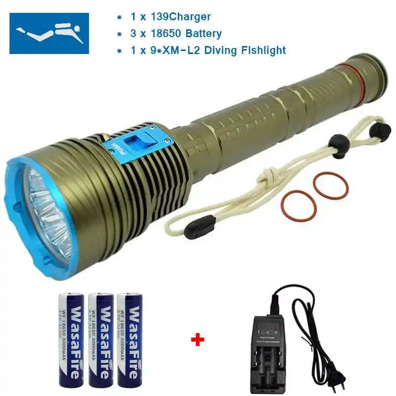 

Diving Flashlight 9 x XM-L2 20000Lumen LED Flashlight Linternas Underwater 150M Waterproof Lamp Torch have Battery and Charger