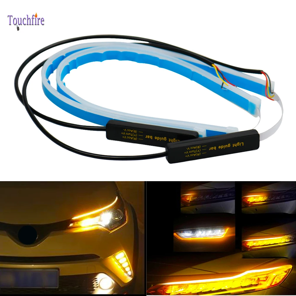 1-Set 2PCS Super bright 45CM 17.7 Waterproof Flexible LED Tube Strip Silicone Flowing Bar White LIght for DRL Daytime Running Lights Flowing Yellow for Light Turn Signal Parking Light AVR 