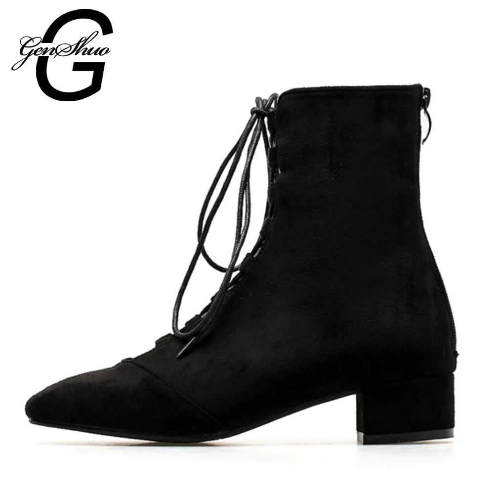

GENSHUO Women Shoes Autumn Winter Boots Kitten Heels Ankle Boots For Women Black Square Toe Lace Up Cross Tied Women's Boots