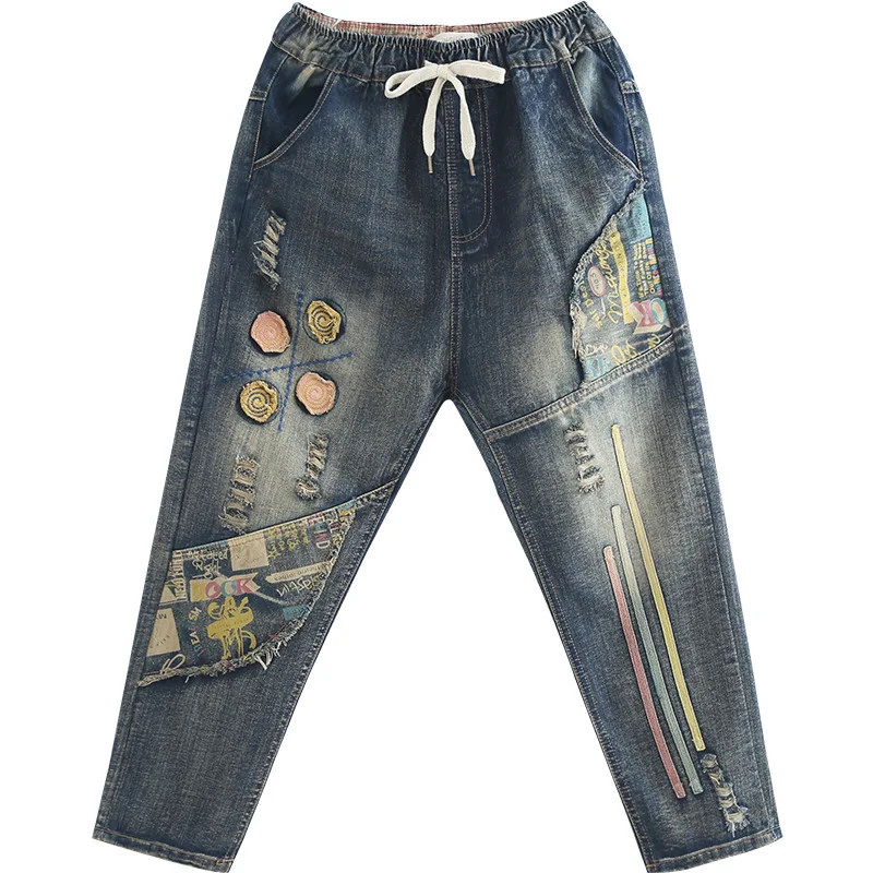 

Vintage Woman Embroidery Jeans 2019 Spring Summer Elastic Waist Casual Streetwear Female Denim Pants Jean Plus Size Xl