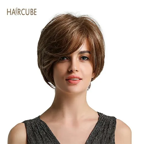 Haircube " короткий синтетический женский парик с боковой челкой смешанные 50% настоящие человеческие волосы естественный вид и длительный стиль - Цвет: Medium Brown
