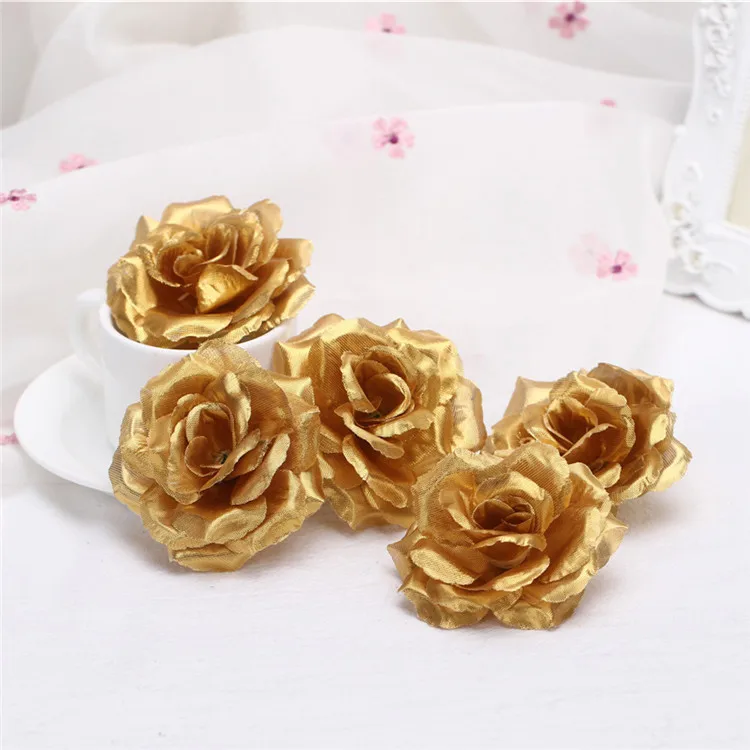 

8cm Gold Artificial Roses Flower Head for Wedding Baby Shower Birthday Party Decoration DIY Crafts Supplies flores artificiales