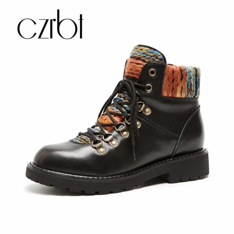 

czrbt 2018 winter new hot style women boots street style thick bottom low heel rivet leather short boots women lace-up boots