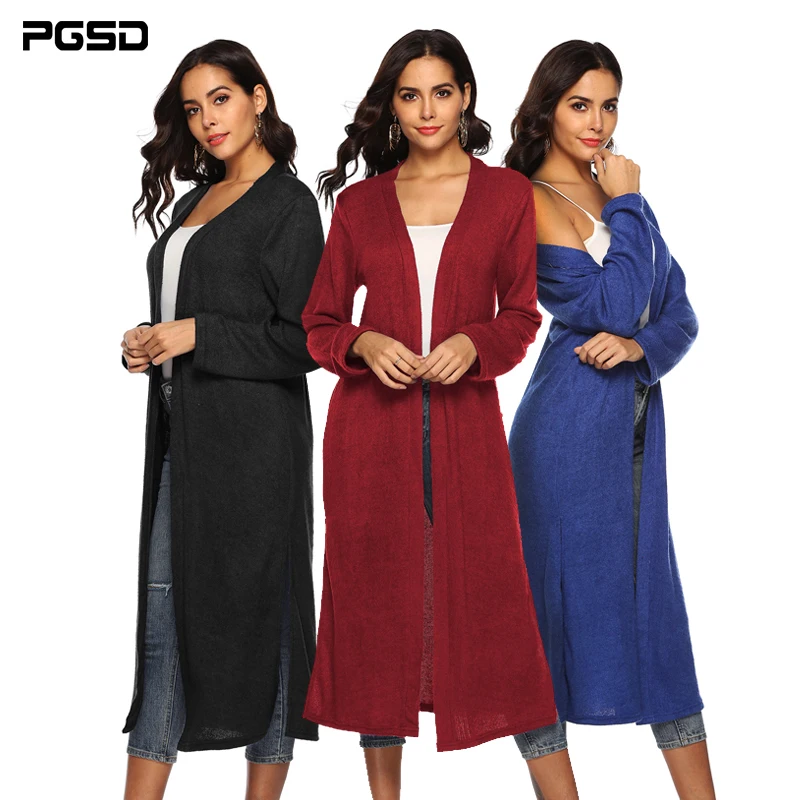 

PGSD New Autumn Winter Pure color Women Clothes Medium length no button loose knitted Long sleeves Forking sweater Cardigan XXXL