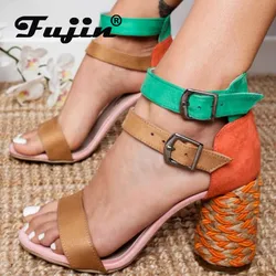 Fujin Summer 2019 Female Colour Matching Individual Ladies Large Sized High Heeled Sandals with Coarse Heeled Shoes Dropshipping Fujin Summer 2019 Female Colour Matching Individual Ladies Large Sized High Heeled Sandals with Coarse Heeled Shoes Dropshipping