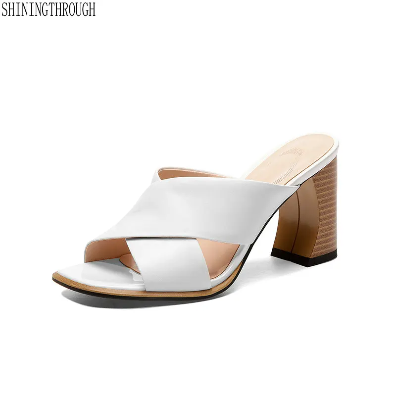 

Genuine Leather high heels shoes woman slippers black white summer Comfortable Sandals sexy Lady dress Shoes Woman