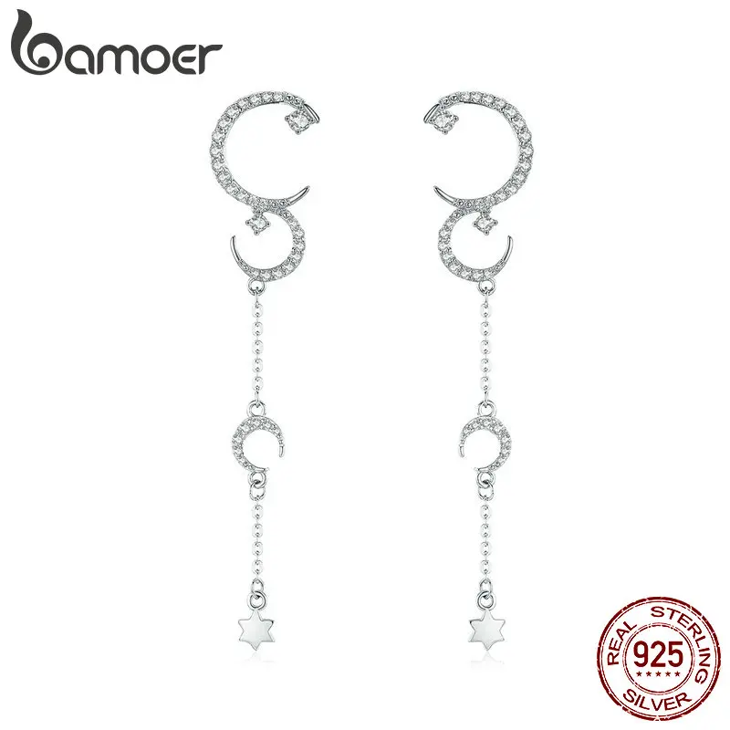 

BAMOER Wedding Statement Earring Jewelry Moon and Star Sparkling Long Drop Earrings for Women 925 Sterling Silver Jewelry GAE061