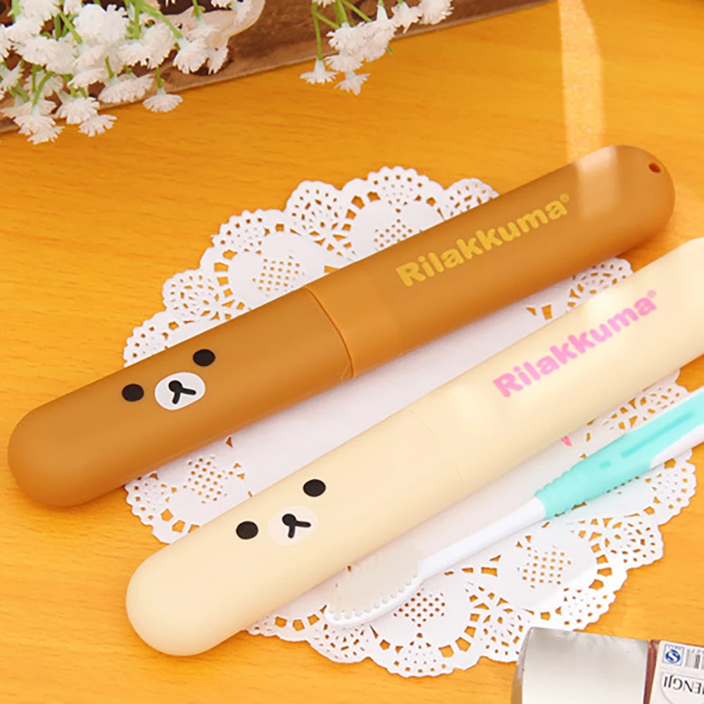 

2 pieces Travel Toothbrush Box Cartoon Bear Portable Dustproof Toothbrush Storage Holder Spoon Chopsticks Protective Case M032