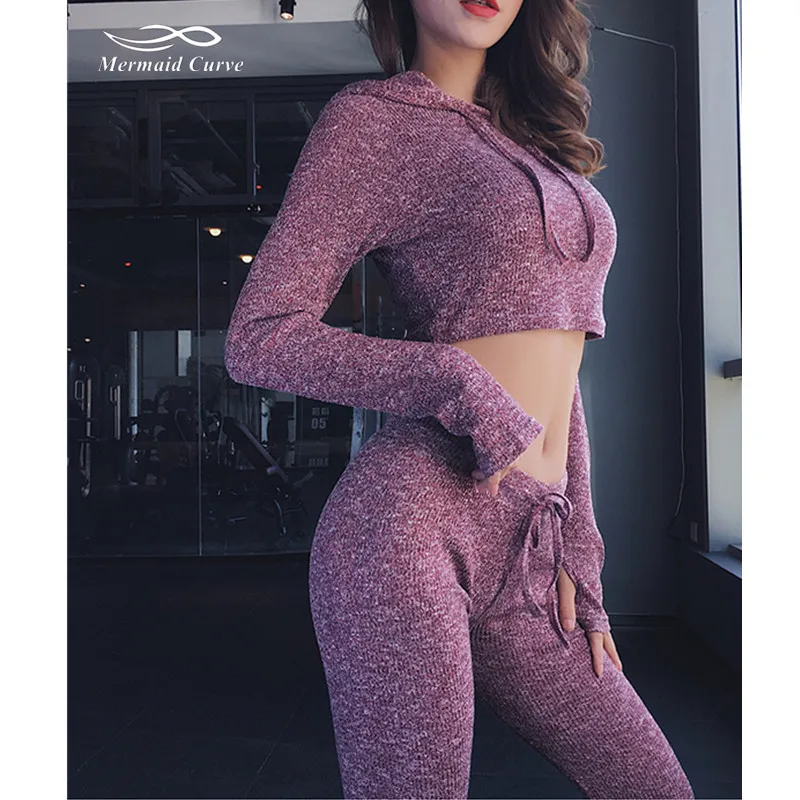 

Mermaid Curve Women Yoga Sets Long Sleeves T-shirt Hoodie Sexy Crop Top Fitness Set +Gym Low Waist Sport Running Tight Legging