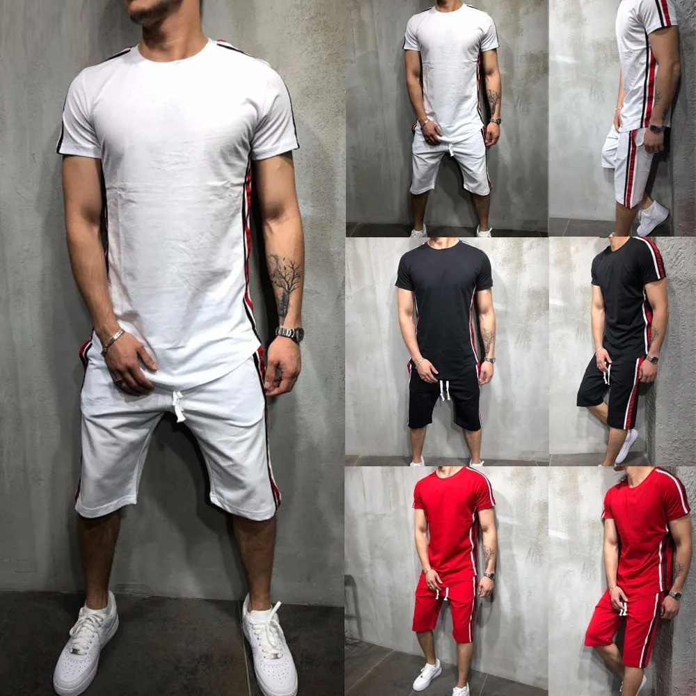 Men Sport Running Suits Jogging Short Sleeve T Shirts+Knee High Pants Tracksuits Jersey Summer Fitness Sportswear 2PCS Gym Sets