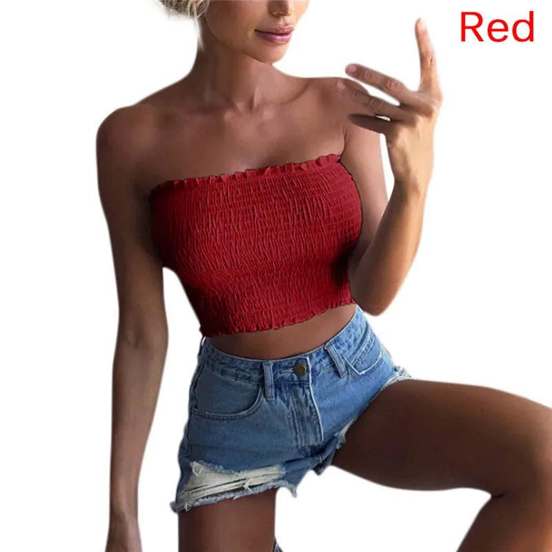 Women Sexy Strapless Ruched Elastic Bandeau Tube Top Black,white,red,yellow Summer Tube Tops Solid Breast Wrap Cropped Tops