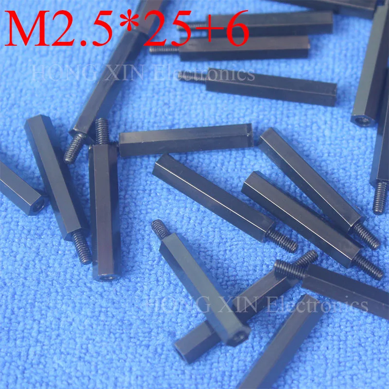 M2.5 * 25 + 6 100 шт. черный нейлон противостояние Spacer Стандартный M2.5 Male-Female 25 мм Пластик противостояние запчасти