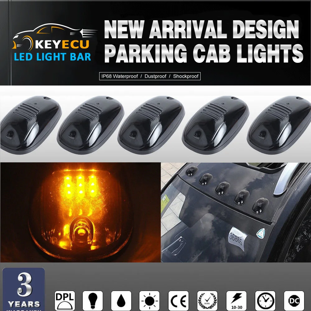 

KEYECU Durable 5Pcs Car Smoked Lens Roof Top Full Amber 16LED Running Parking Cab Lights FITS Most of The SUV,Van or Truck