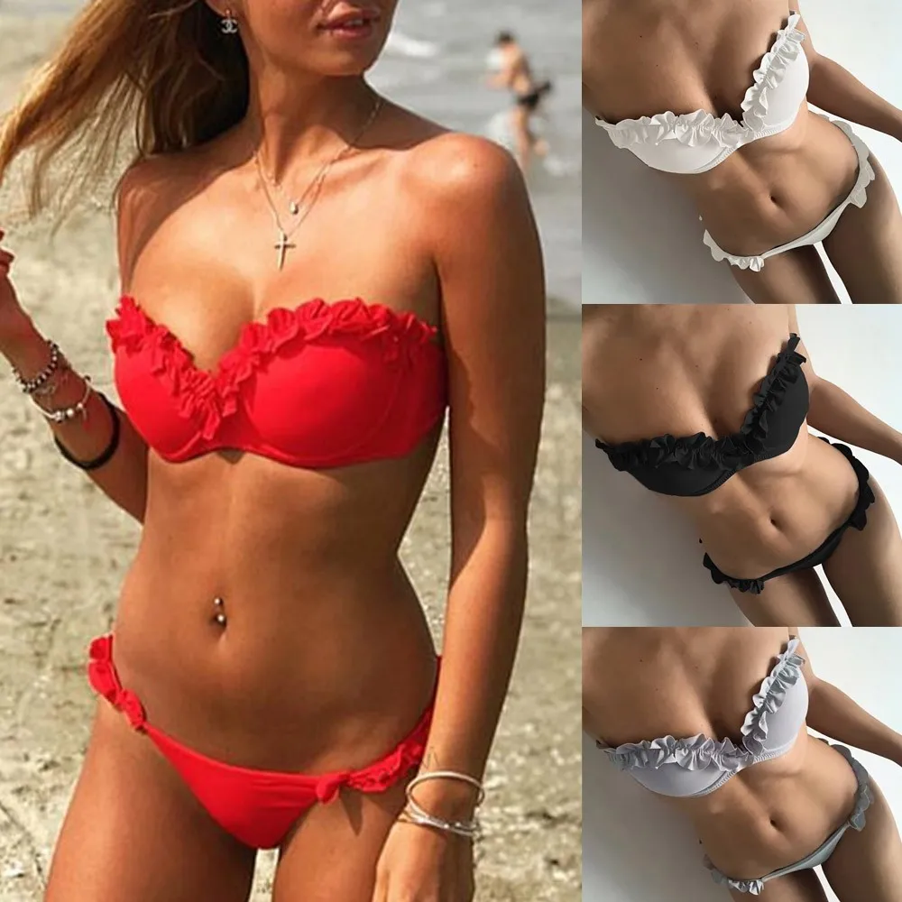 

Pure color hard inclusion bikini Sexy Bikinis Set Ruffles Women Solid Bandage Tankini Set Brazilian Swimwear lace A30319