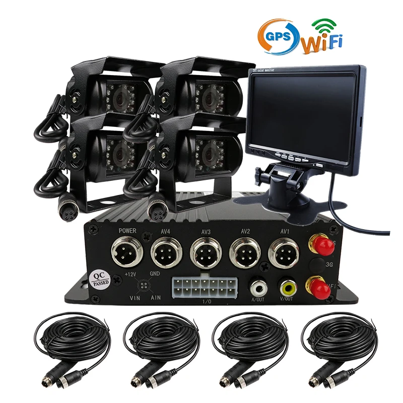 

Free Shipping G-sensor H.264 4CH SD WiFi GPS Mobile Car DVR Video Recorder Rear Side Front View Truck Car Camera Kit 7" Monitor