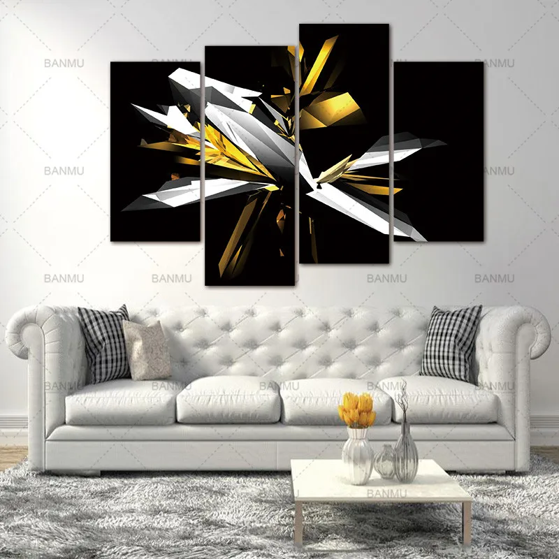 Abstract Black and White Yellow 4 Panels Wall Art Canvas Paintings Wall